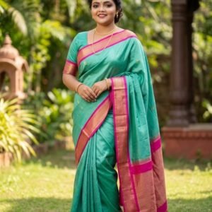 Aqua Blue Kanjivaram Silk Saree with Pink Zari Border
