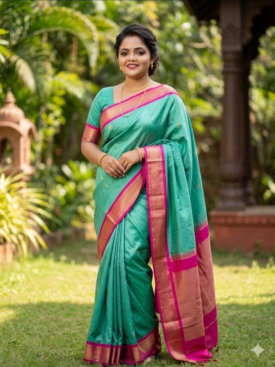Aqua Blue Kanjivaram Silk Saree with Pink Zari Border