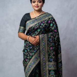 Midnight Black Floral Silk Saree