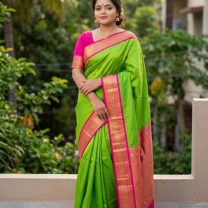 Parrot Green Kanjivaram Silk Saree with Pink Zari Border
