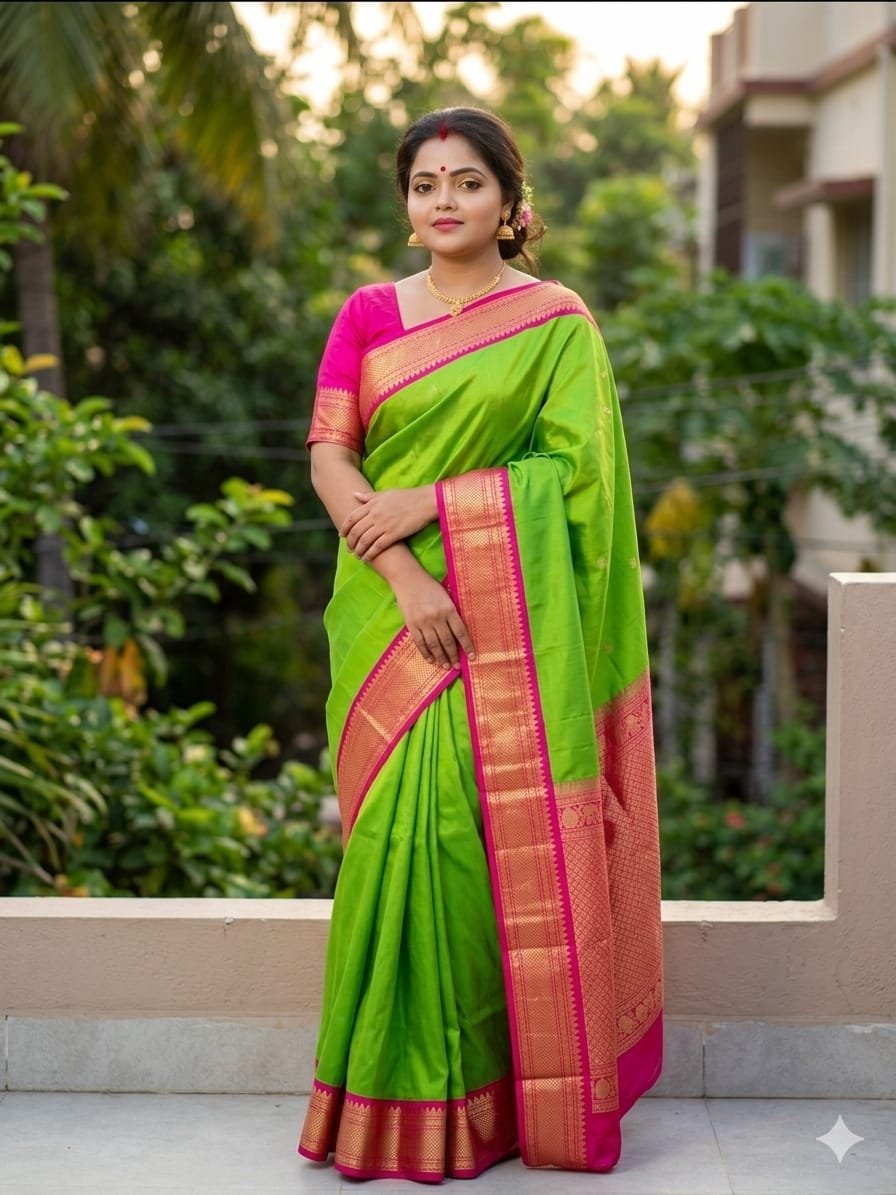 Parrot Green Kanjivaram Silk Saree with Pink Zari Border