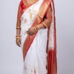White Organza Saree with Red Border & Floral Embroidery