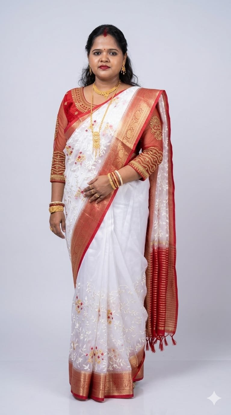 White Organza Saree with Red Border & Floral Embroidery