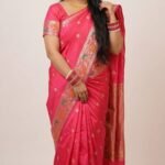 Pink Silk Saree with Floral Border