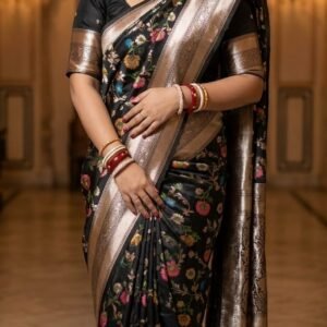 Black Floral Silk Saree with Gold Zari Border