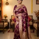 Royal Wine Banarasi Silk Saree with Antique Gold Zari Weaving