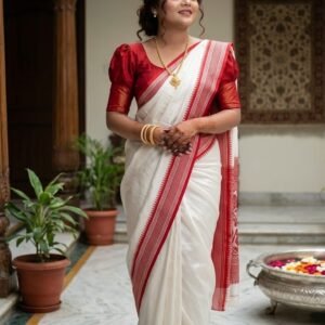 Classic White & Red Bengali Tant Saree with Traditional Border