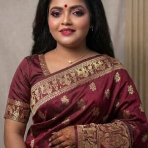 Wine Maroon Bishnupuri Baluchari Pure Silk Saree