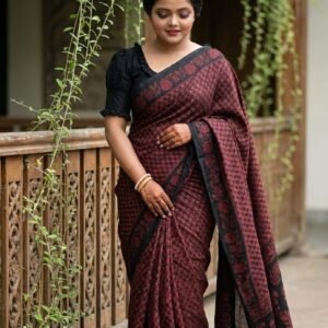 Maroon & Black Printed Pure Cotton Saree