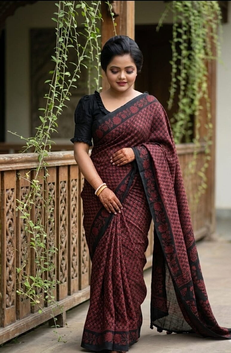 Maroon & Black Printed Pure Cotton Saree