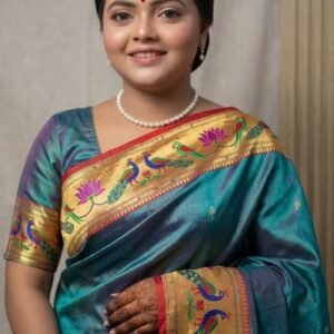 Teal Blue Paithani Pure Silk Saree with Peacock and Lotus Motifs