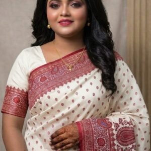 Ivory White Silk Saree with Red Woven Border