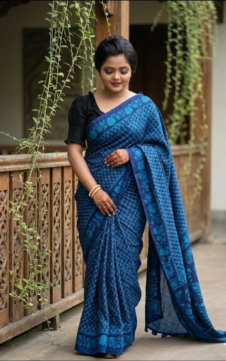 Indigo Blue Printed Pure Cotton Saree