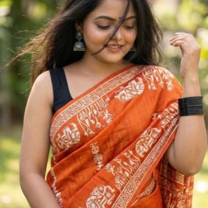 Rust Orange Bishnupuri Pure Silk Saree with Traditional Motifs