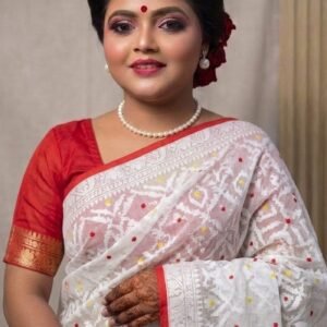 Elegant White Jamdani Saree with Multicolor Buti Work