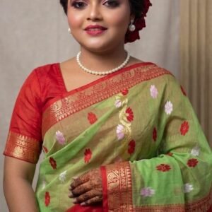 Pastel Green Jamdani Saree with Red Border and Floral Motifs