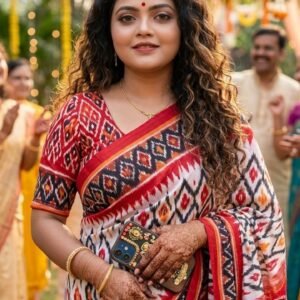 Ivory White & Crimson Red Pure Cotton Ikat Saree