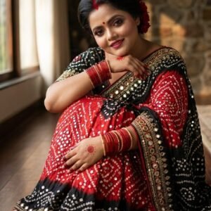 Ruby Red & Midnight Black Pure Cotton Bandhani Saree