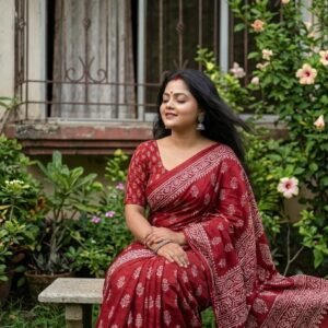 Ruby Red Pure Cotton Saree