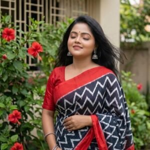 Black & Red Pure Cotton Ikat Saree
