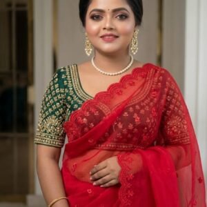 Crimson Red Embroidered Organza Saree