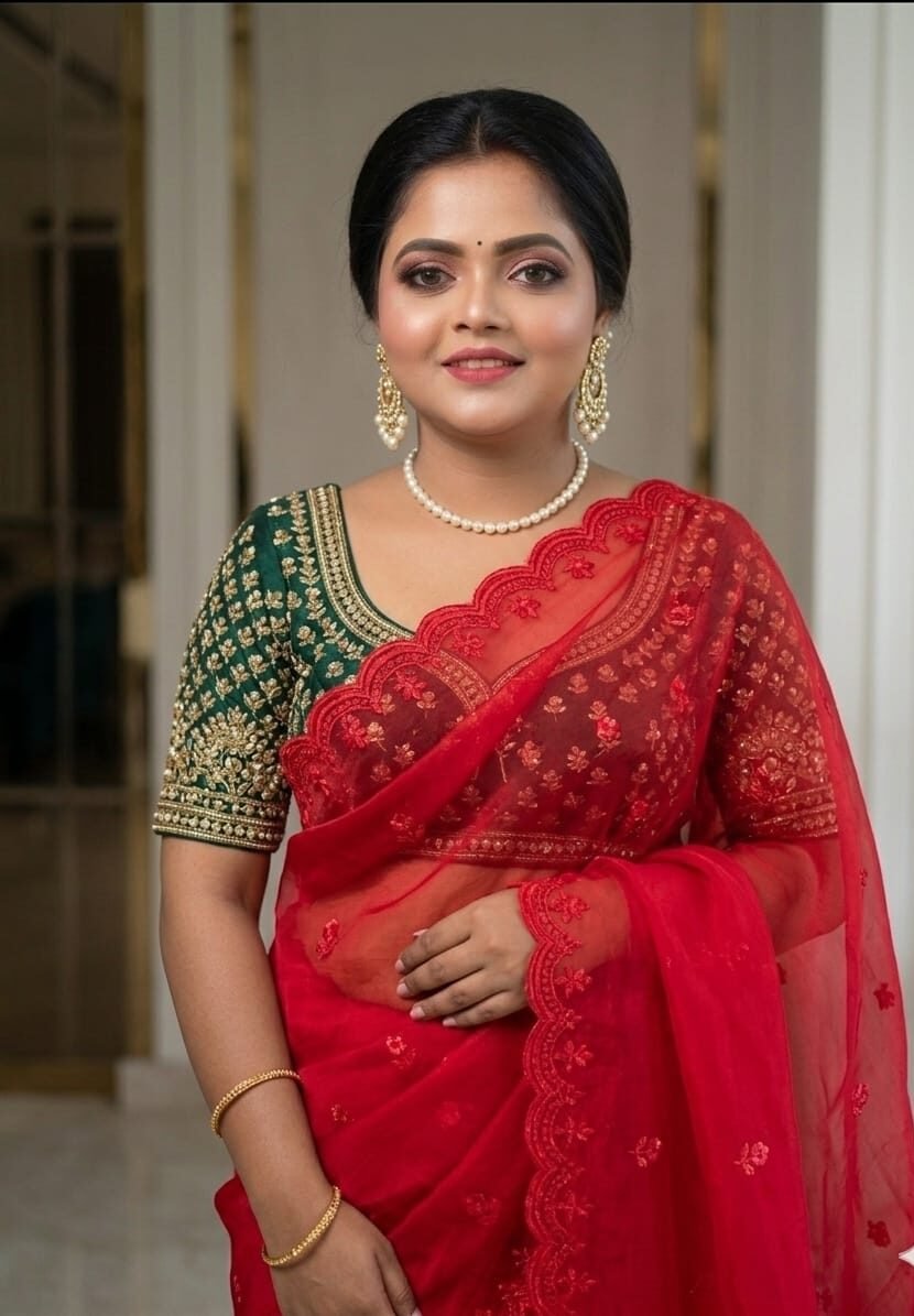 Crimson Red Embroidered Organza Saree