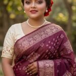 Deep Wine Bengali Handloom Saree with Traditional Bandhani Motifs