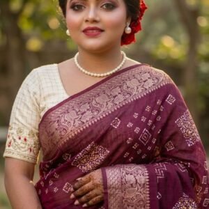 Deep Wine Bengali Handloom Saree with Traditional Bandhani Motifs