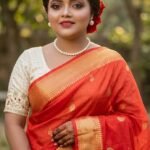 Vermilion Red Bengali Handloom Saree with Golden Border