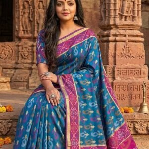 Sea-green And Pink border Semi-Pochampally Saree with Blouse Piece