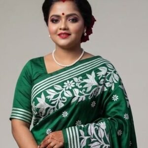 Bottle Green Pure Hand-stitched Kantha Stitch Saree