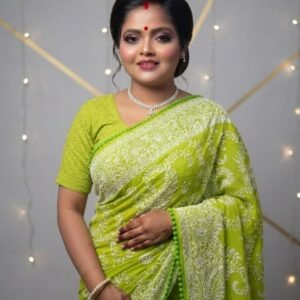 Lime Green Lucknowi Embroidered Organza Saree