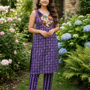 Purple Printed Cotton Sleeveless Kurta Set for Women