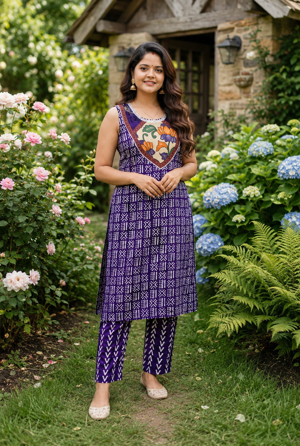 Purple Printed Cotton Sleeveless Kurta Set for Women