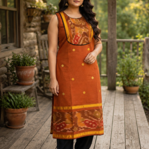 Rust Orange Sleeveless Cotton Kurta Set for Women