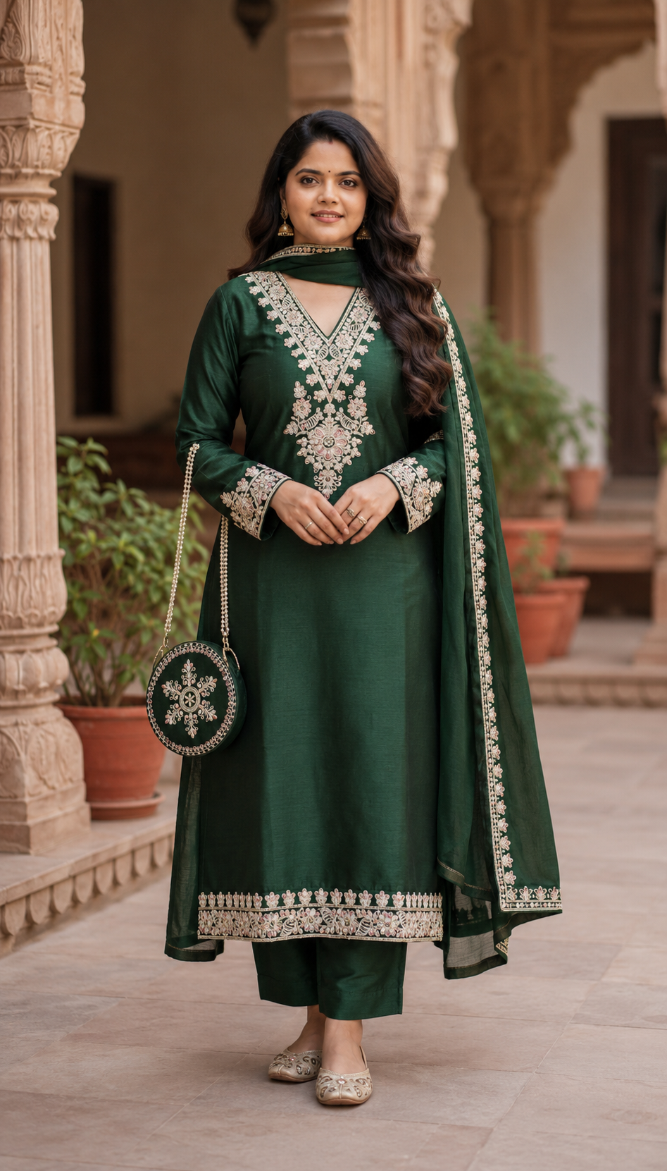 Emerald Green Embroidered Kurta Set with Dupatta - Image 3