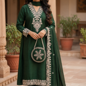 Emerald Green Embroidered Kurta Set with Dupatta