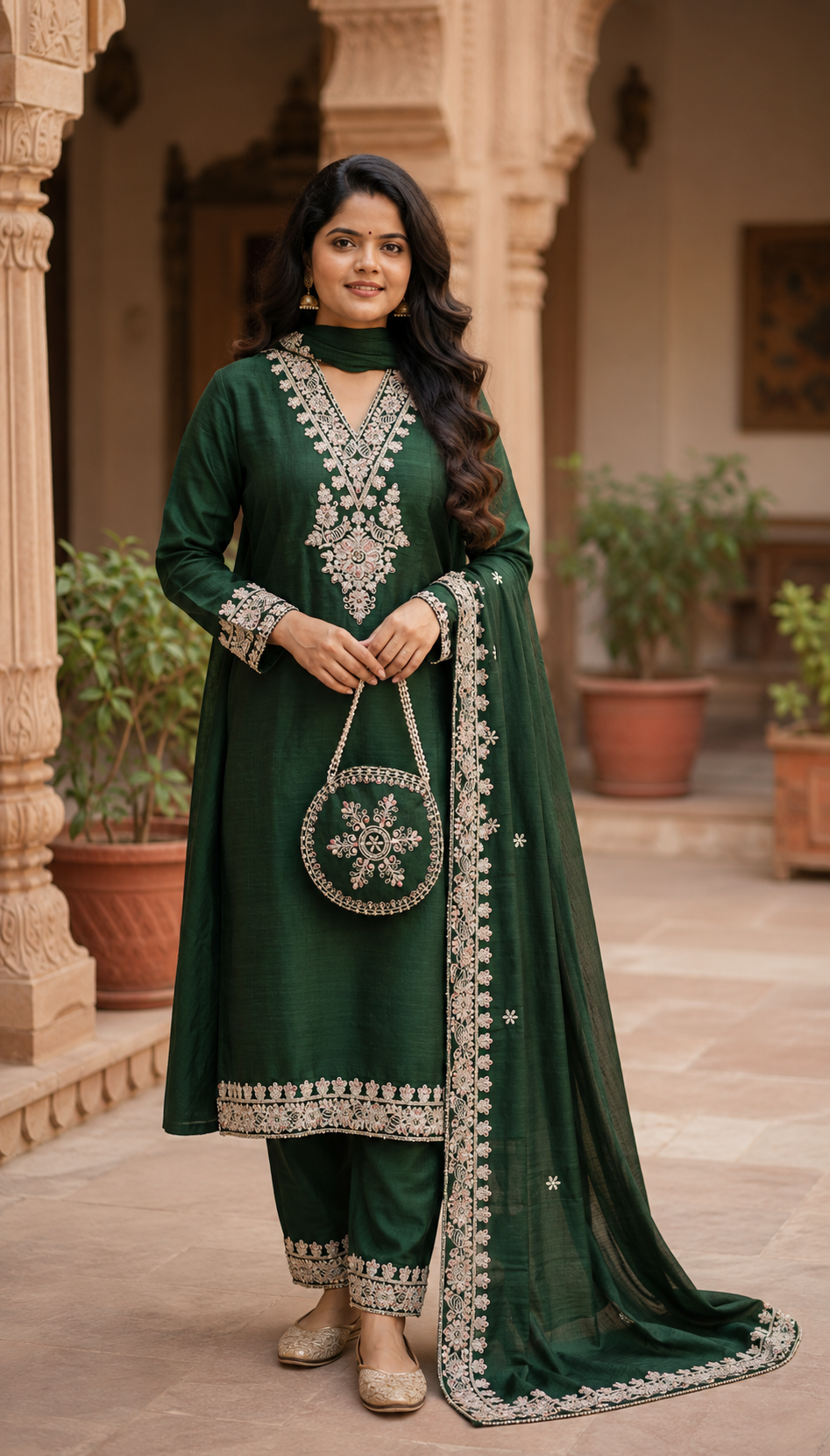 Emerald Green Embroidered Kurta Set with Dupatta