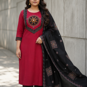 Elegant Maroon Cotton Kurti Set with Printed Dupatta