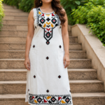 White Tribal Embroidered Cotton Kurti with Pants