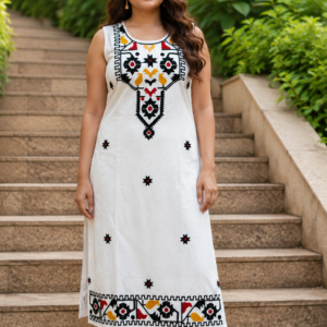 White Tribal Embroidered Cotton Kurti with Pants