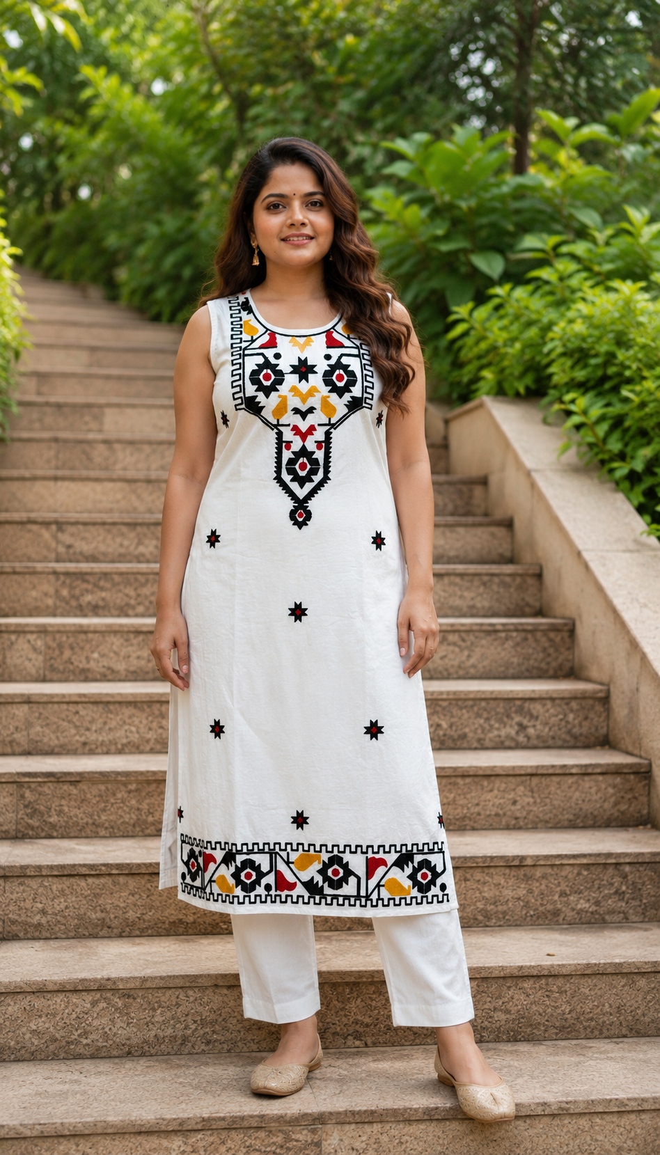 White Tribal Embroidered Cotton Kurti with Pants