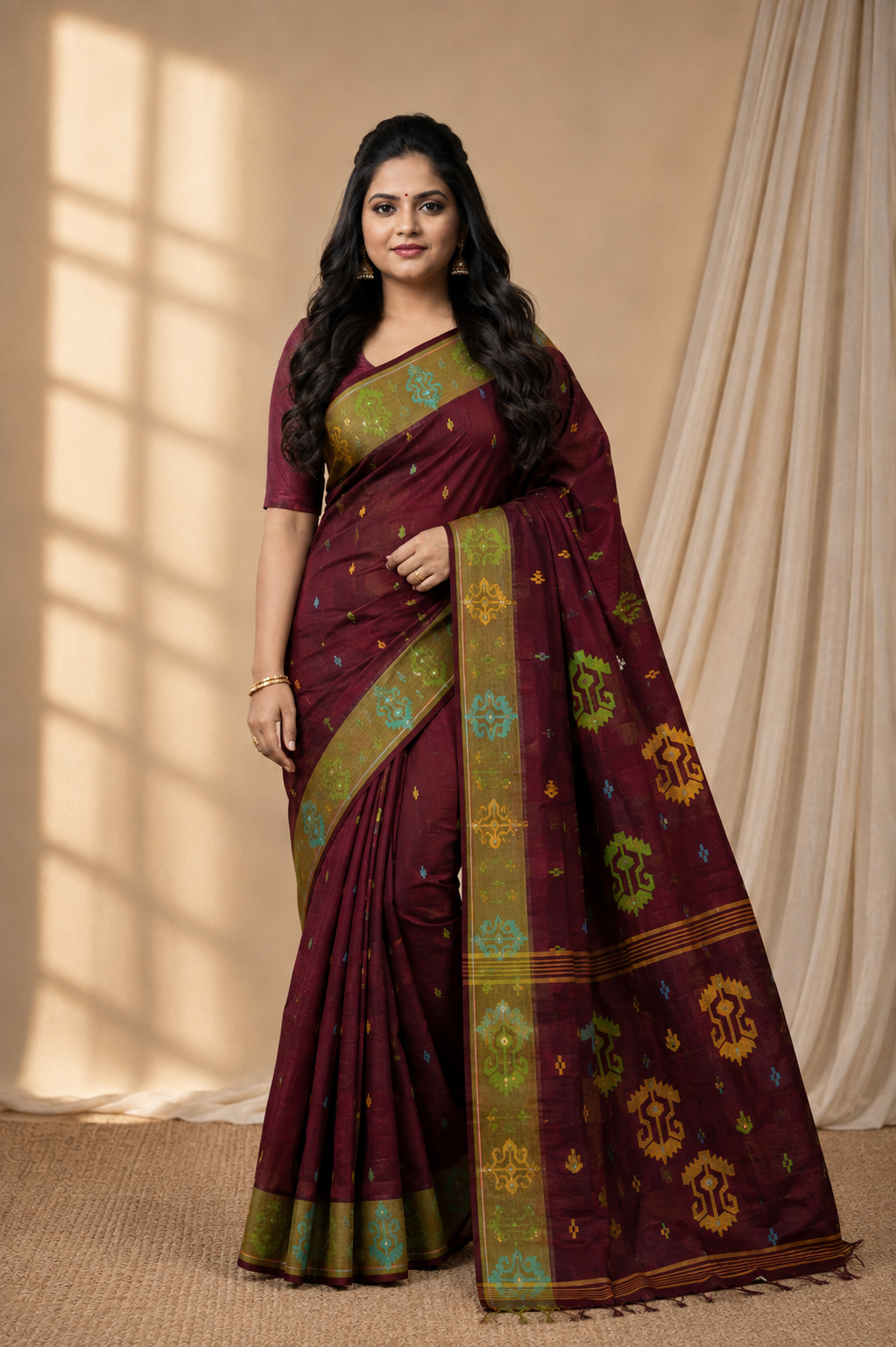 Maroon Tant Jamdani Saree