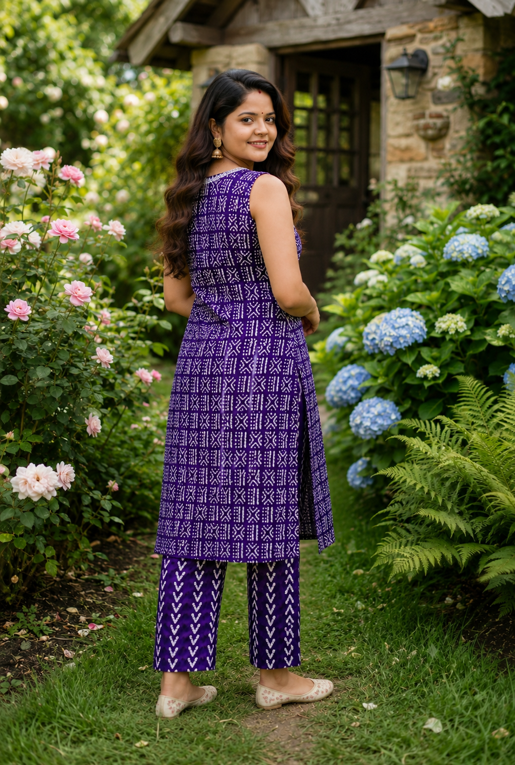 Purple Printed Cotton Sleeveless Kurta Set for Women - Image 2